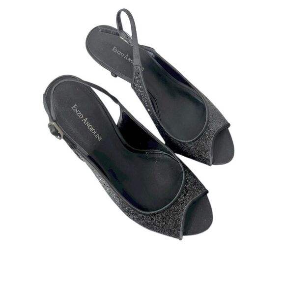 Enzo Angiolini Hitch X3 Black Sequin Shiny Satin Ankle Buckle Peep Toe Heels - Picture 4 of 16